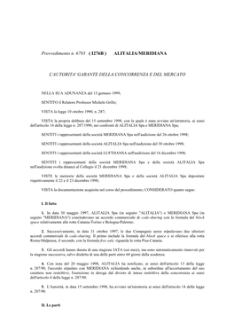 Provvedimento N. 6793 ( I276B ) ALITALIA/MERIDIANA L'autorita