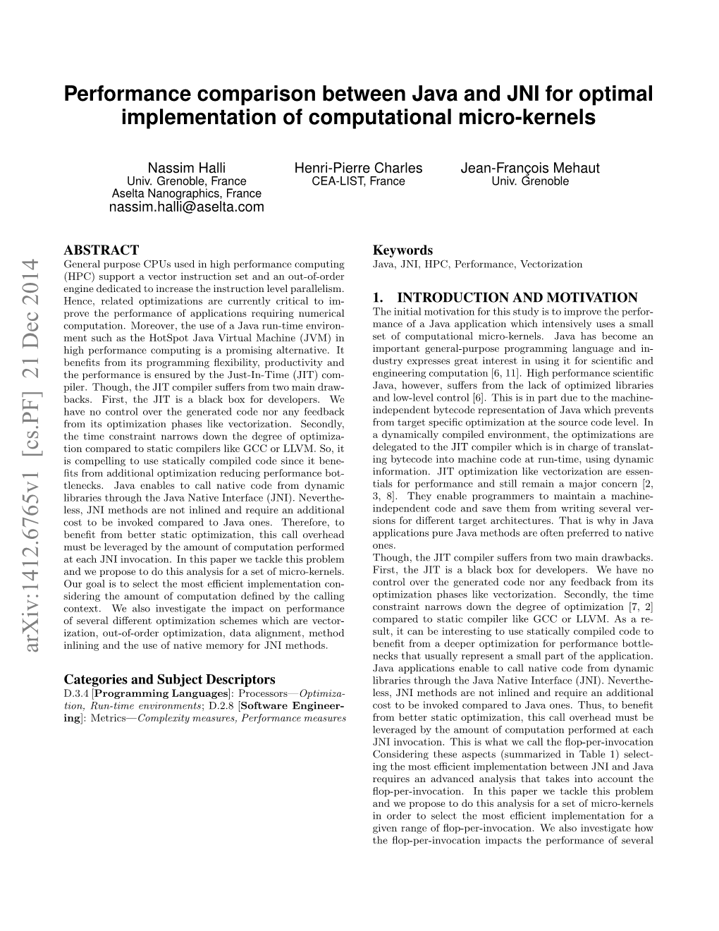 Performance Comparison Between Java and JNI for Optimal Implementation of Computational Micro-Kernels