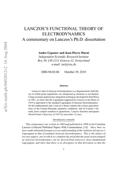 LANCZOS's FUNCTIONAL THEORY of ELECTRODYNAMICS a Commentary on Lanczos's Ph.D. Dissertation