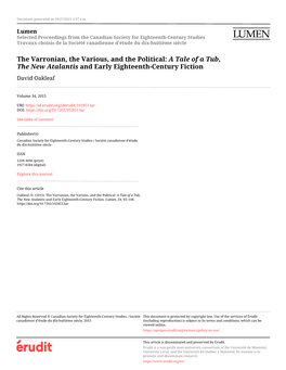 The Varronian, the Various, and the Political: a Tale of a Tub, the New Atalantis and Early Eighteenth-Century Fiction David Oakleaf