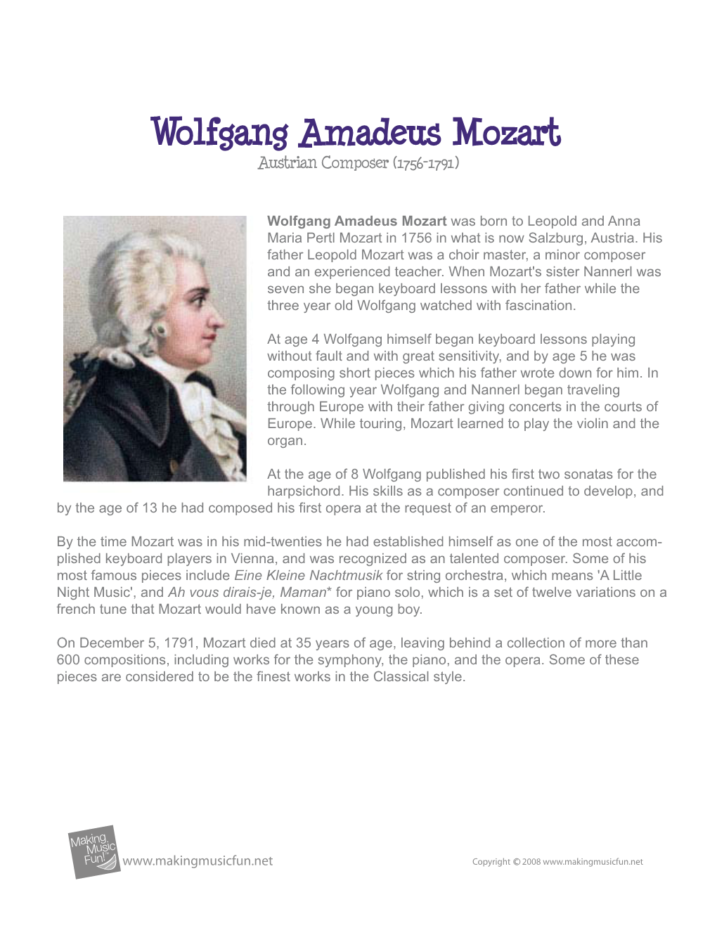 Wolfgang Amadeus Mozart Austrian Composer (1756-1791)