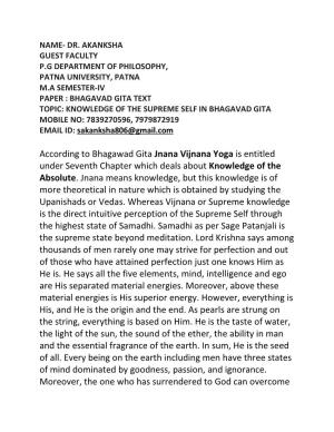 Jnana Vijnana Yoga Is Entitled Under Seventh Chapter Which Deals About Knowledge of the Absolute