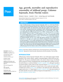 Age, Growth, Mortality and Reproductive Seasonality of Jolthead Porgy, Calamus Bajonado, from Florida Waters