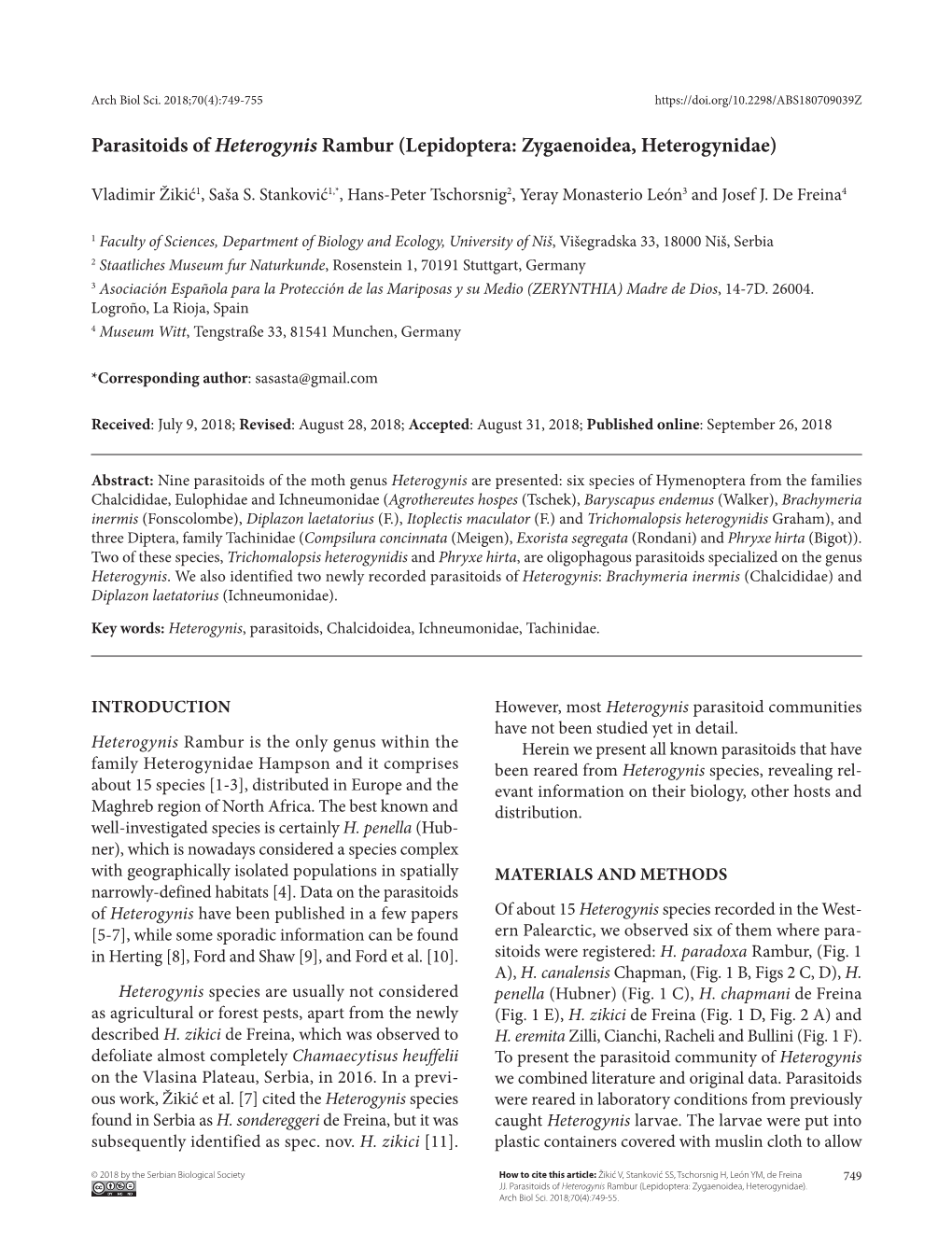 Parasitoids of Heterogynis Rambur (Lepidoptera: Zygaenoidea, Heterogynidae)