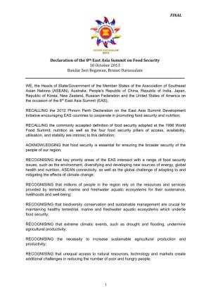 FINAL Declaration of the 8Th East Asia Summit on Food Security 10