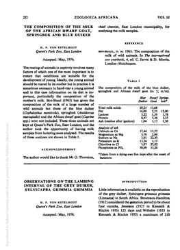 The Composition of the Milk of the African Dwarf Goat, Springbok and Blue Duiker Observations on the Lambing Interval of The