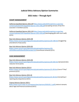 Judicial Ethics Advisory Opinion Summaries 2021 Index – Through