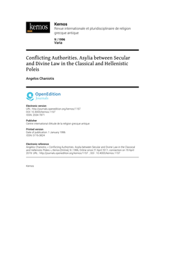 Conflicting Authorities. Asylia Between Secular and Divine Law in the Classical and Hellenistic Poleis