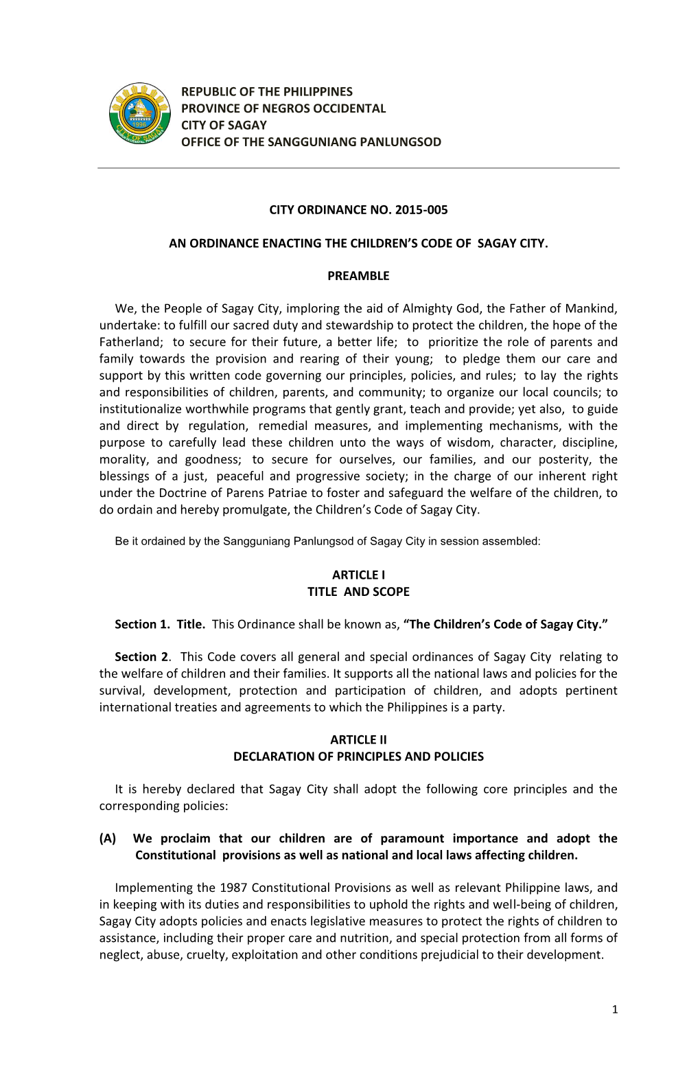 Republic of the Philippines Province of Negros Occidental City of Sagay Office of the Sangguniang Panlungsod