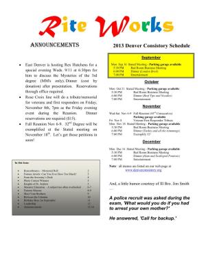 ANNOUNCEMENTS 2013 Denver Consistory Schedule