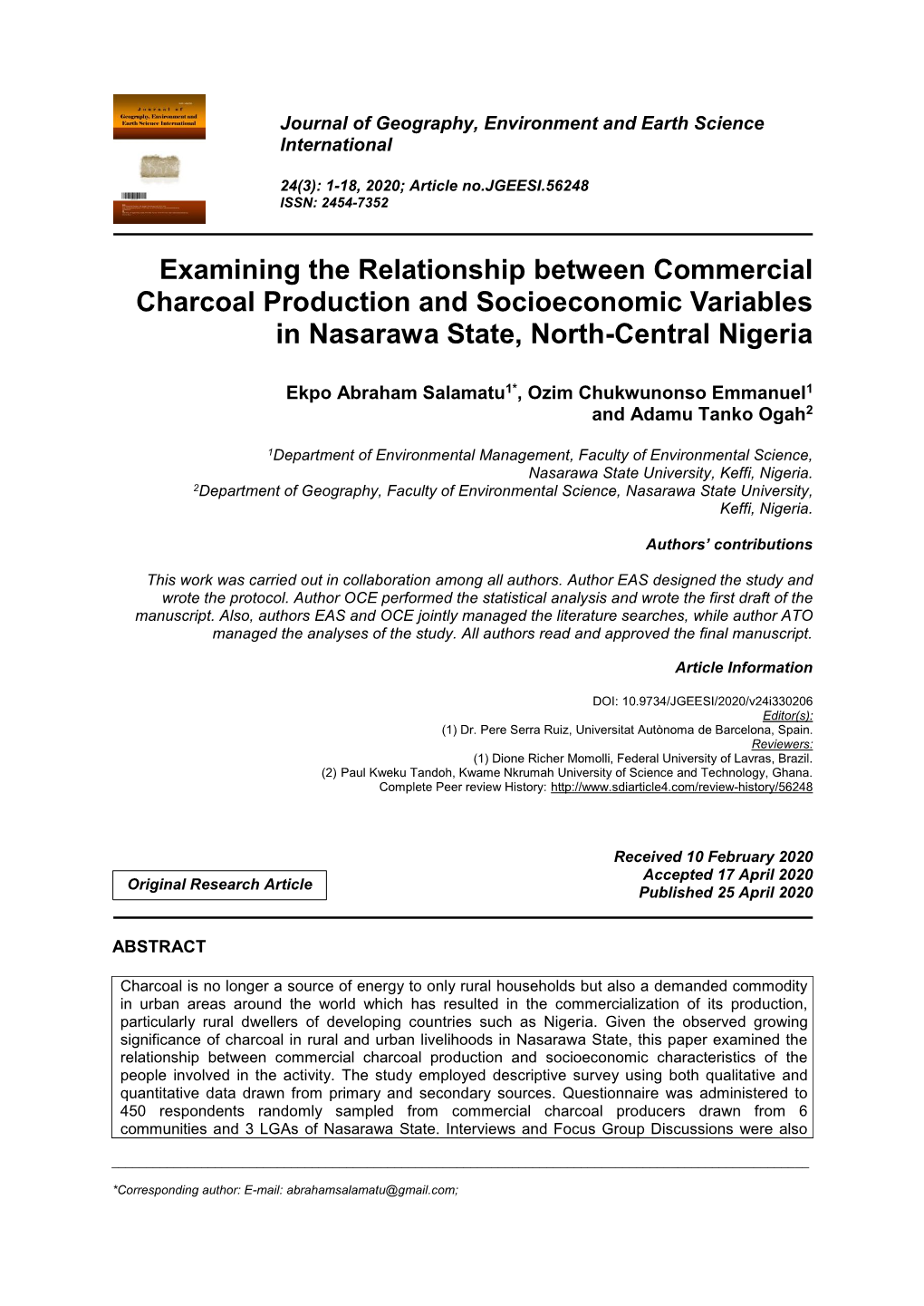 Examining the Relationship Between Commercial Charcoal Production and Socioeconomic Variables in Nasarawa State, North-Central Nigeria