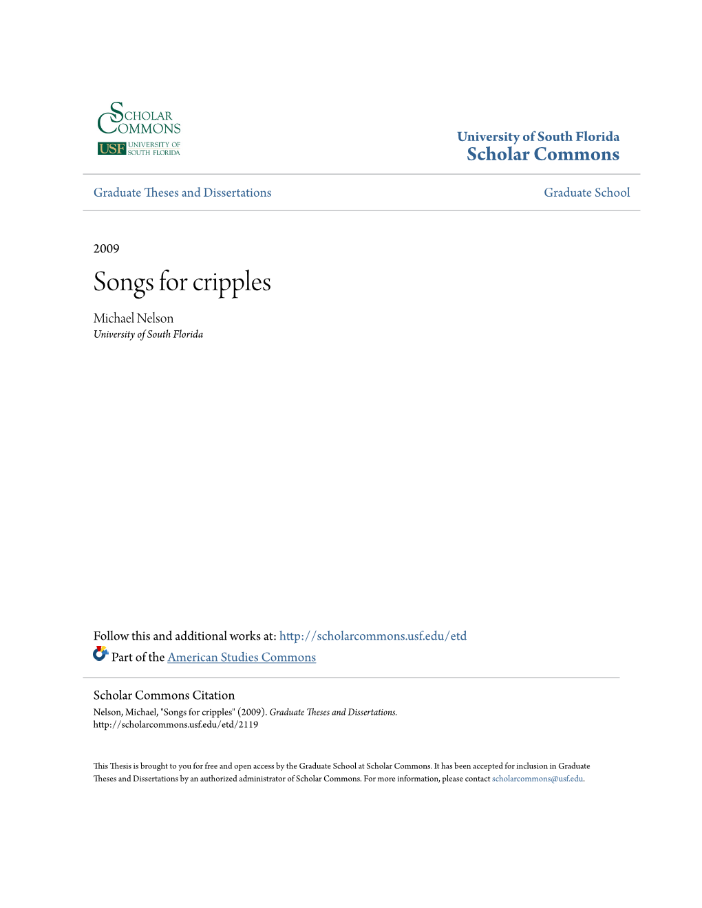 Songs for Cripples Michael Nelson University of South Florida