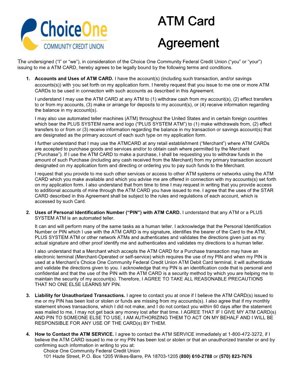 ATM Card Agreement