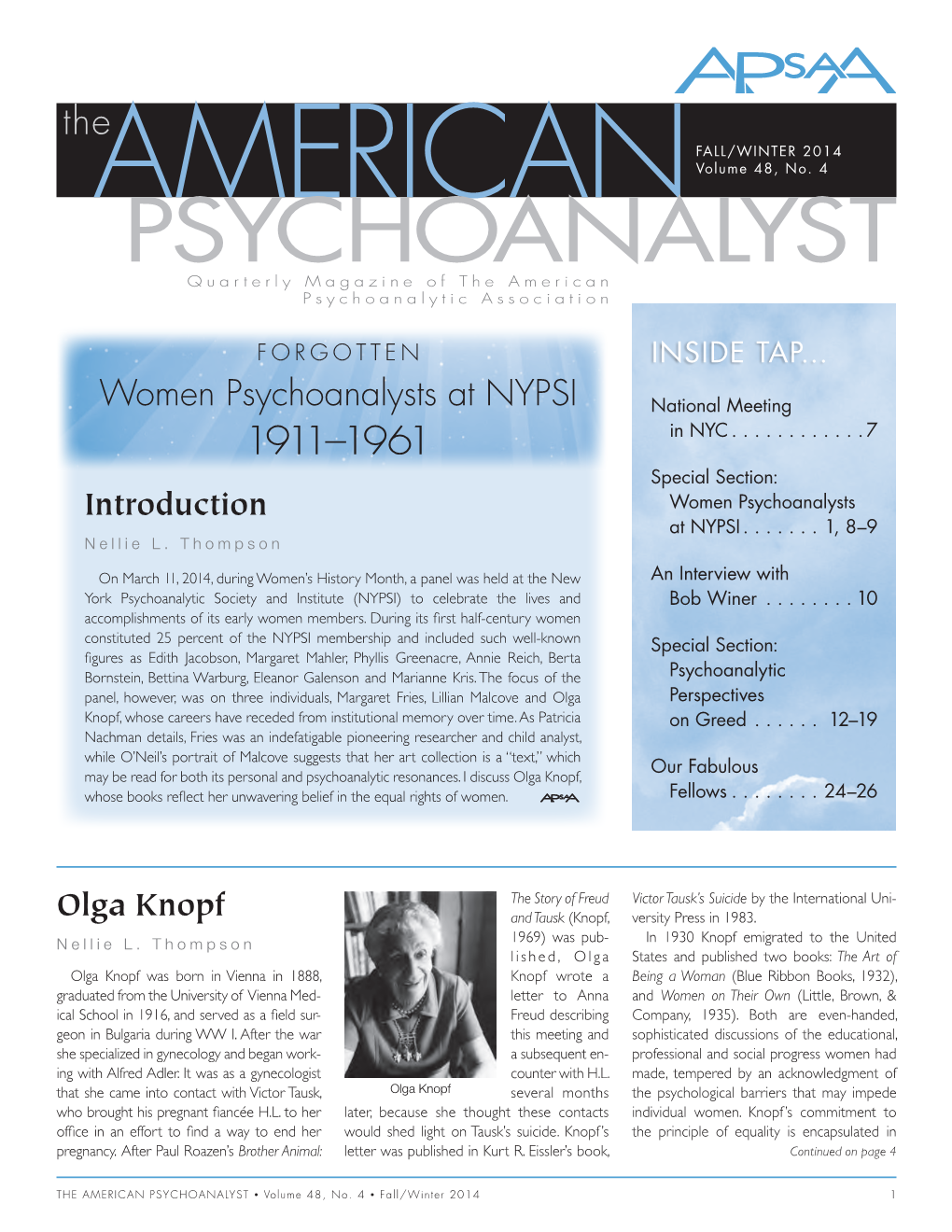 PSYCHOANALYST Quarterly Magazine of the American Psychoanalytic Association