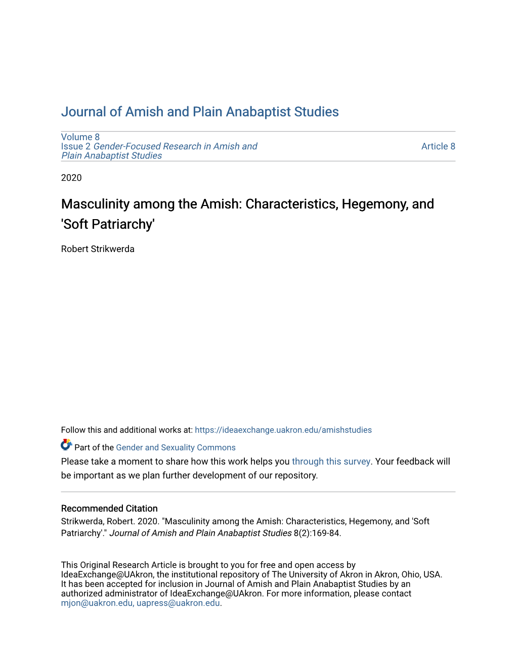 Masculinity Among the Amish: Characteristics, Hegemony, and 'Soft Patriarchy'