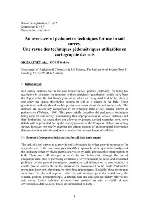 An Overview of Pedometric Techniques for Use in Soil Survey. Une Revue Des Techniques Pédométriques Utilisables En Cartographie Des Sols