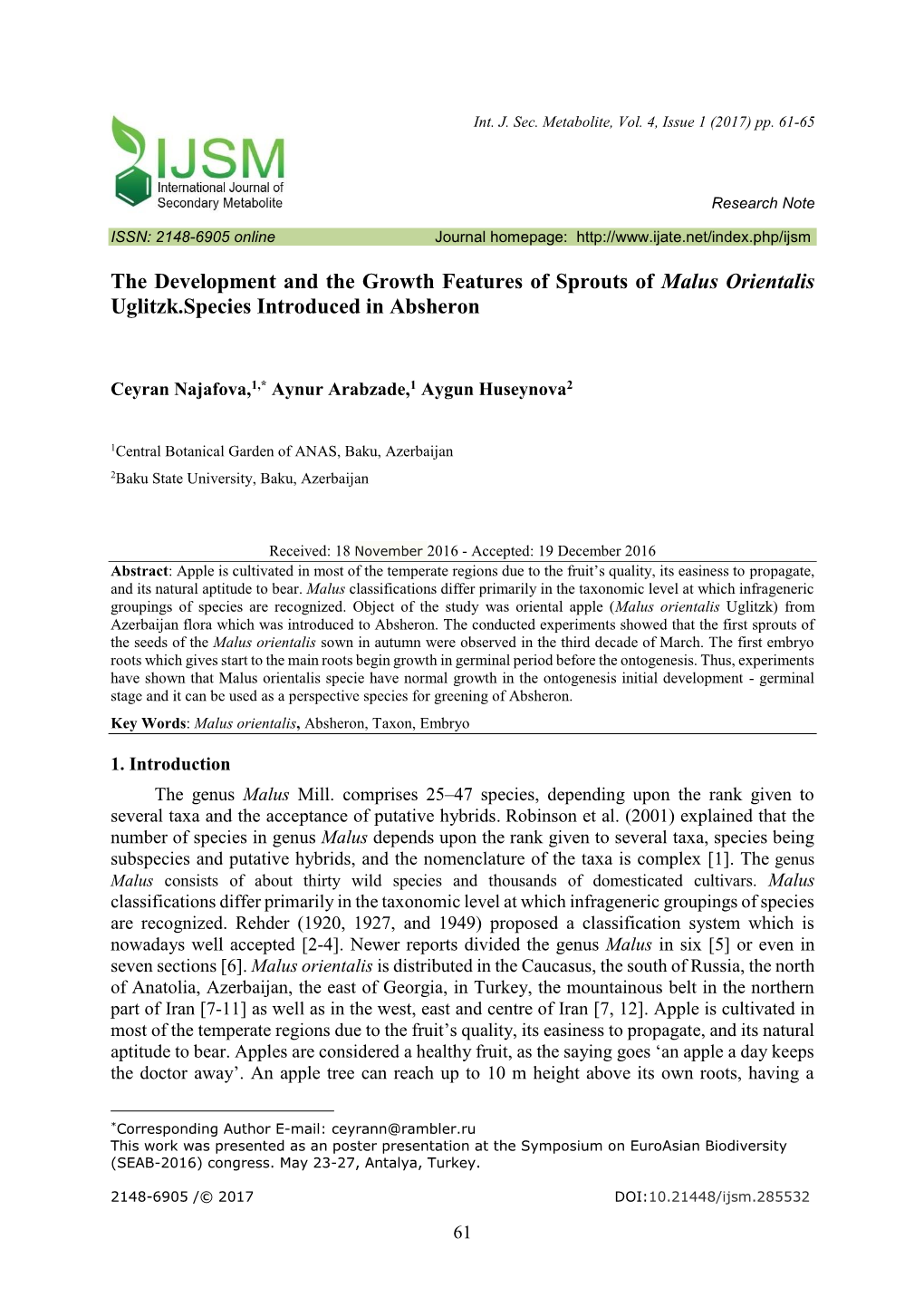 The Development and the Growth Features of Sprouts of Malus Orientalis Uglitzk.Species Introduced in Absheron