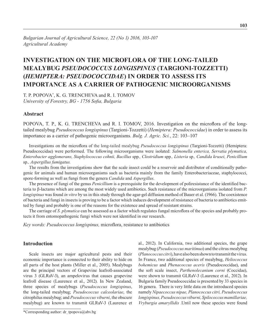 Targioni-Tozzetti) (Hemiptera: Pseudococcidae) in Order to Assess Its Importance As a Carrier of Pathogenic Microorganisms T