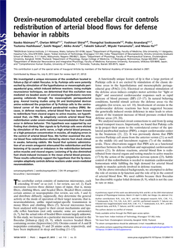 Orexin-Neuromodulated Cerebellar Circuit Controls Redistribution of Arterial Blood ﬂows for Defense Behavior in Rabbits