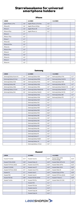 Størrelsesskema for Universal Smartphone Holdere
