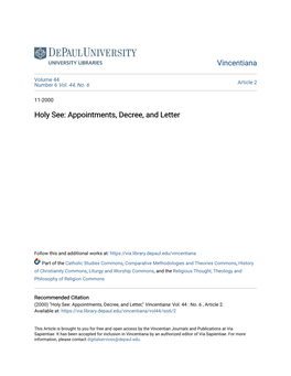 Holy See: Appointments, Decree, and Letter
