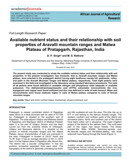Available Nutrient Status and Their Relationship with Soil Properties of Aravalli Mountain Ranges and Malwa Plateau of Pratapgarh, Rajasthan, India