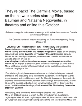 The Carmilla Movie, Based on the Hit Web Series Starring Elise Bauman and Natasha Negovanlis, in Theatres and Online This October