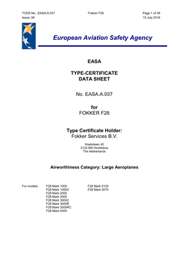 EASA Fokker F28 TC All Marks Data Sheet