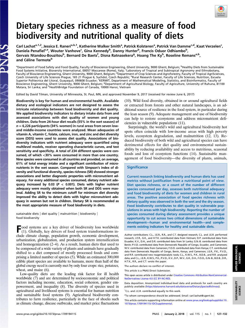 Dietary Species Richness As a Measure of Food Biodiversity and Nutritional Quality of Diets