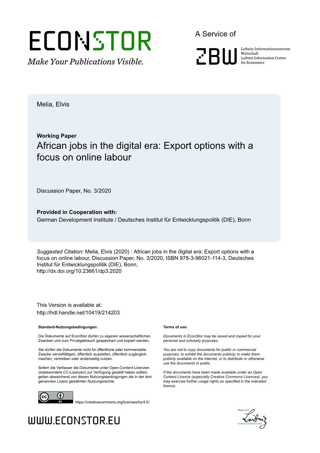 African Jobs in the Digital Era: Export Options with a Focus on Online Labour