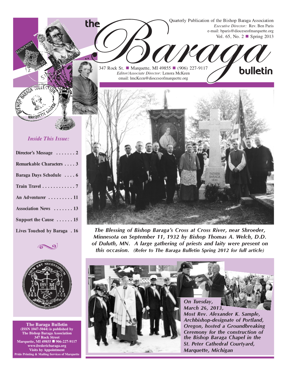 Inside This Issue: the Blessing of Bishop Baraga's Cross at Cross