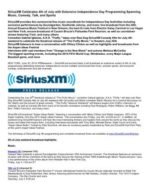Siriusxm Celebrates 4Th of July with Extensive Independence Day Programming Spanning Music, Comedy, Talk, and Sports