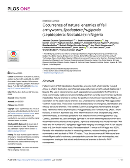 Occurrence of Natural Enemies of Fall Armyworm, Spodoptera Frugiperda (Lepidoptera: Noctuidae) in Nigeria