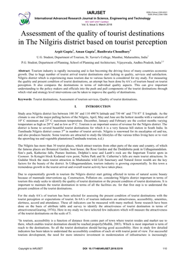 Assessment of the Quality of Tourist Destinations in the Nilgiris District Based on Tourist Perception