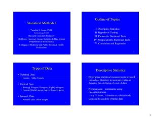 Statistical Methods I Outline of Topics Types of Data Descriptive Statistics