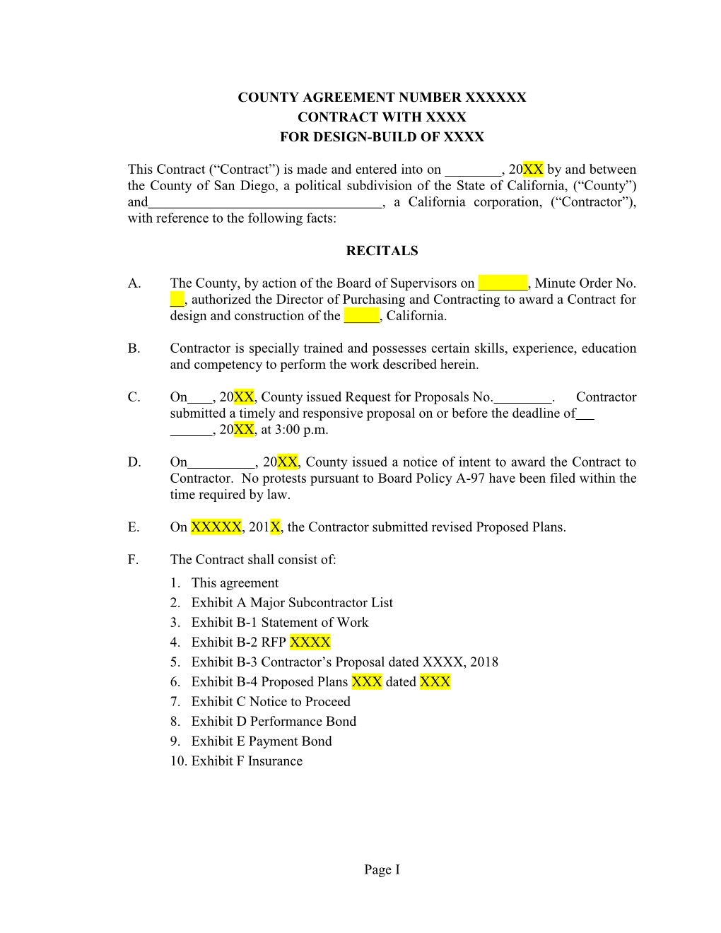 Page I COUNTY AGREEMENT NUMBER XXXXXX CONTRACT