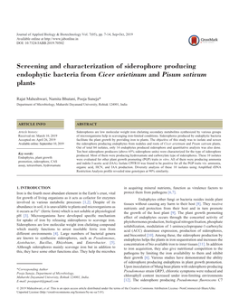 Screening and Characterization of Siderophore Producing Endophytic Bacteria from Cicer Arietinum and Pisum Sativum Plants
