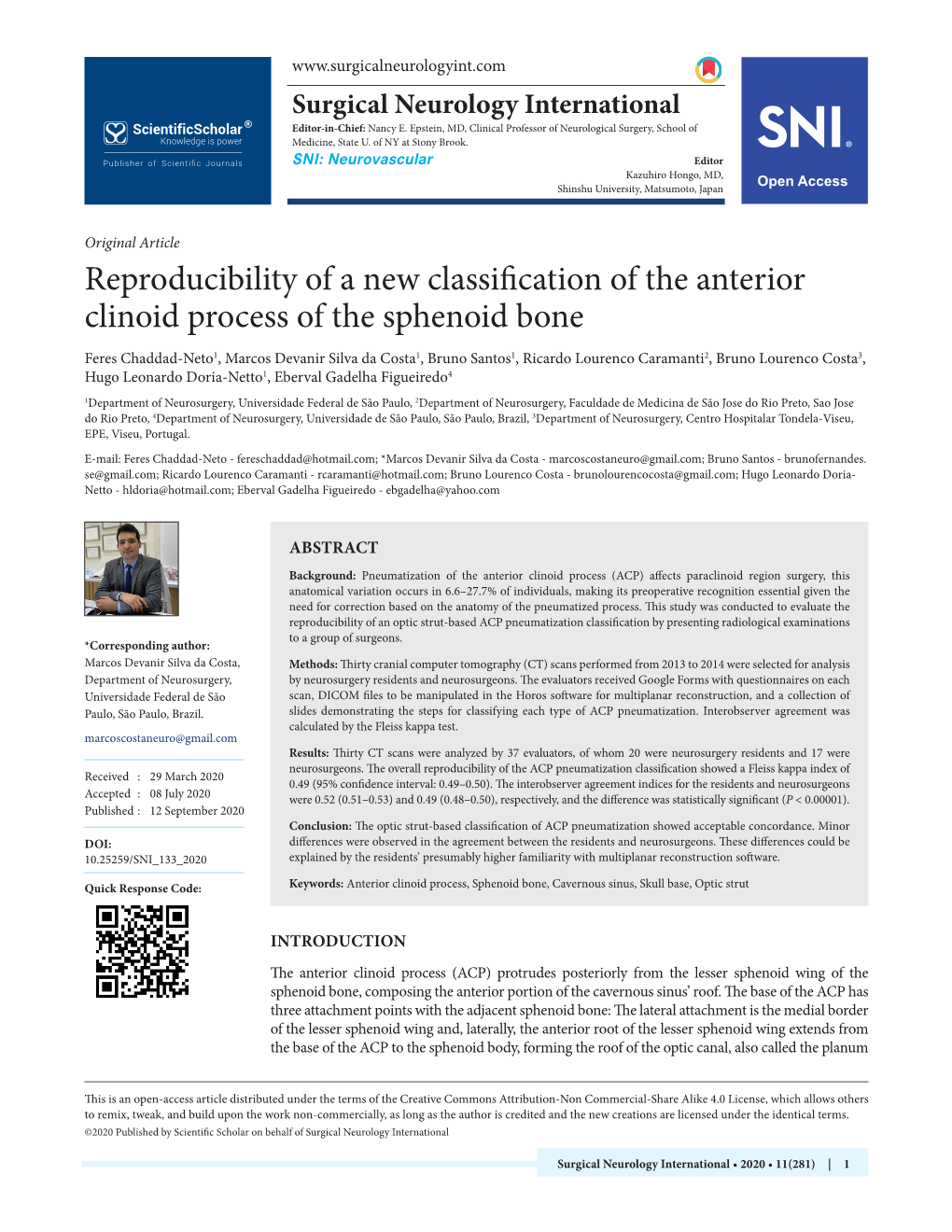 Reproducibility of a New Classification of the Anterior Clinoid Process of the Sphenoid Bone