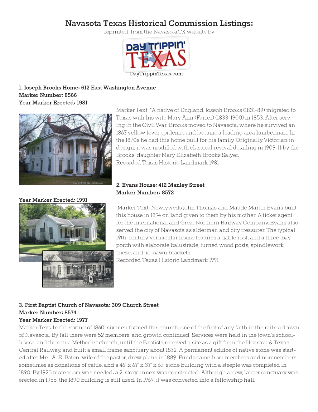 Navasota Texas Historical Commission Listings: Reprinted from the Navasota TX Website By