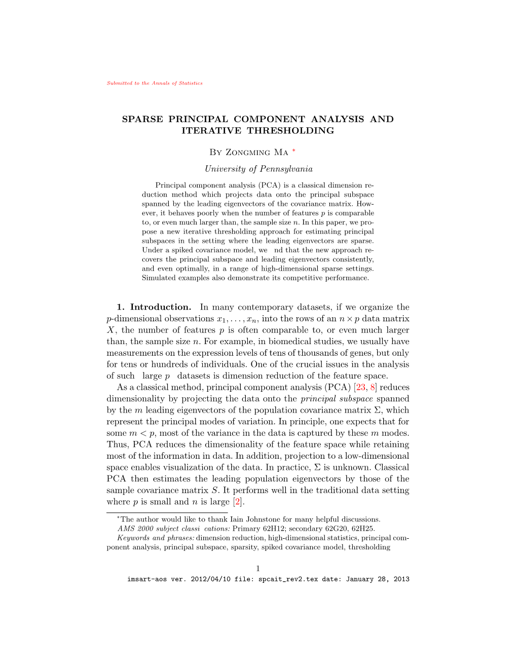 Sparse Principal Component Analysis and Iterative Thresholding