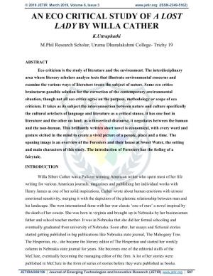 AN ECO CRITICAL STUDY of a LOST LADY by WILLA CATHER K.Uttraphathi M.Phil Research Scholar, Urumu Dhanalakshmi College- Trichy 19