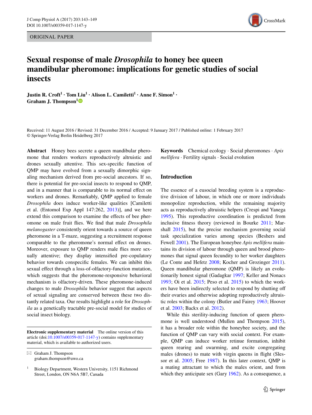 Sexual Response of Male Drosophila to Honey Bee Queen Mandibular Pheromone: Implications for Genetic Studies of Social Insects