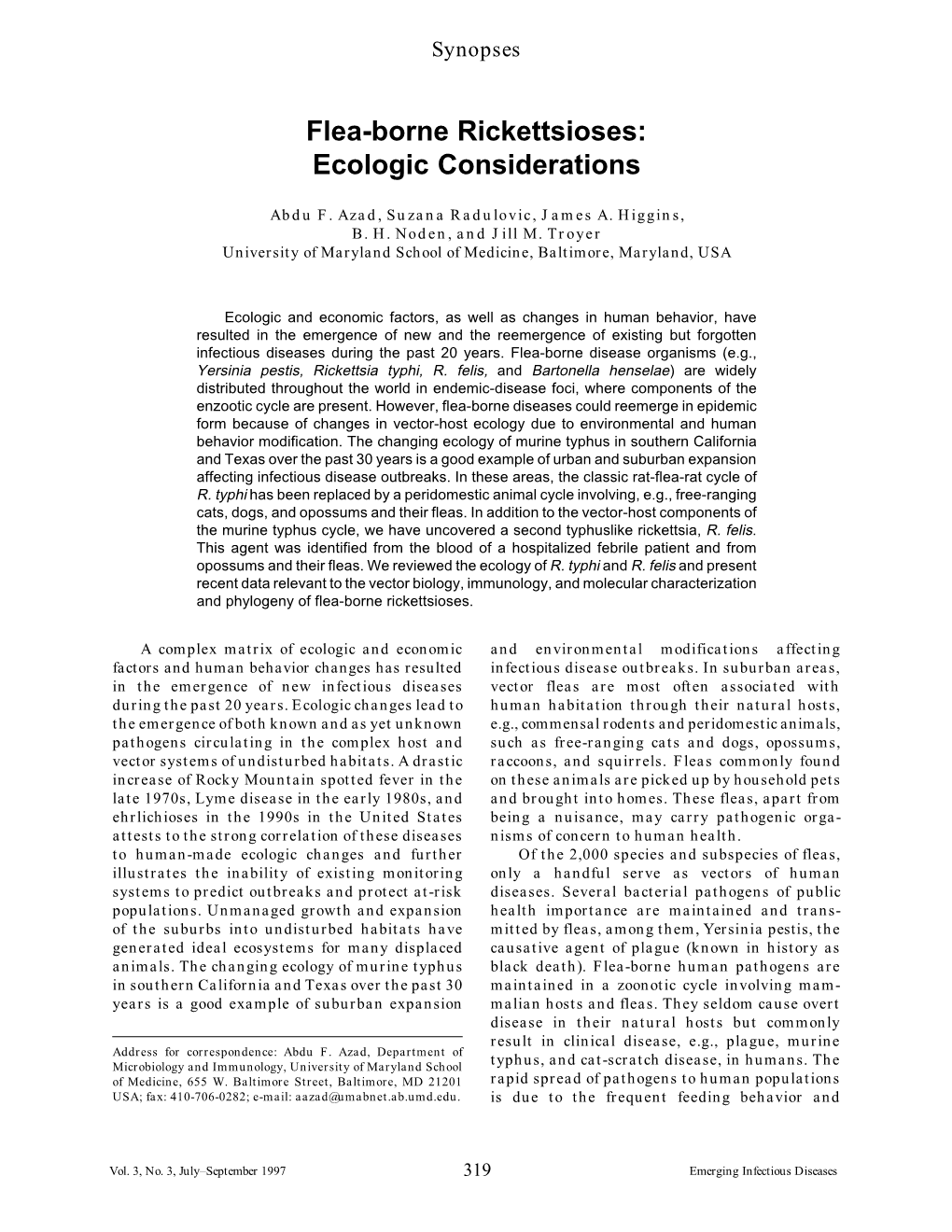 Flea-Borne Rickettsioses: Ecologic Considerations