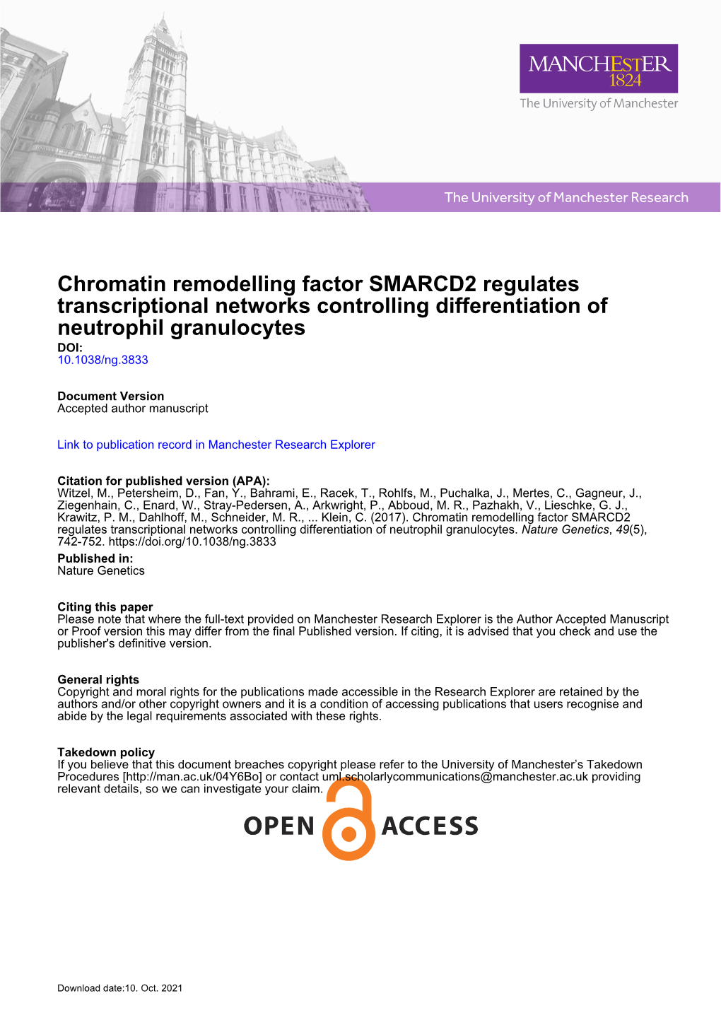 Chromatin Remodelling Factor SMARCD2 Regulates Transcriptional Networks Controlling Differentiation of Neutrophil Granulocytes DOI: 10.1038/Ng.3833