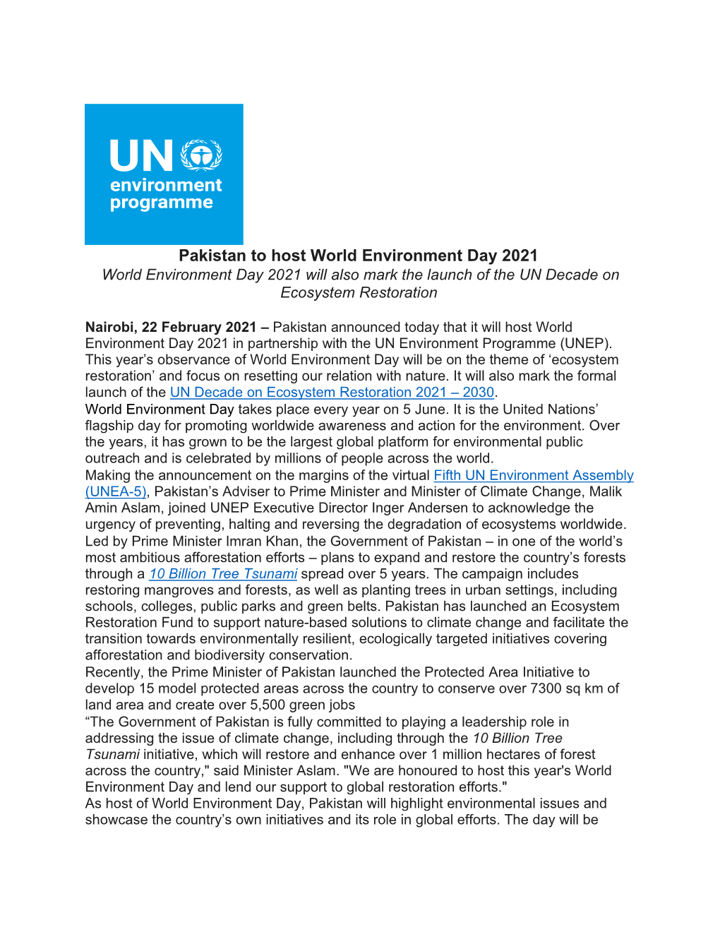 Pakistan to Host World Environment Day 2021 World Environment Day 2021 Will Also Mark the Launch of the UN Decade on Ecosystem Restoration