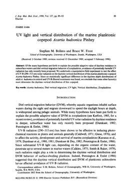UV Light and Vertical Distribution of the Marine Planktonic Copepod Acartia Hudsonica Pinhey