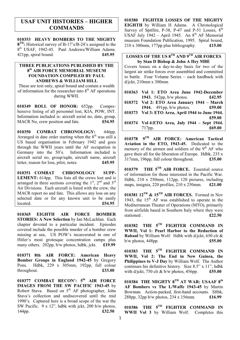 Usaf Unit Histories – Higher Commands