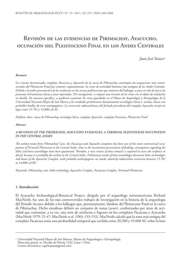 Revisión De Las Evidencias De Pikimachay, Ayacucho, Ocupación Del Pleistoceno Final En Los Andes Centrales