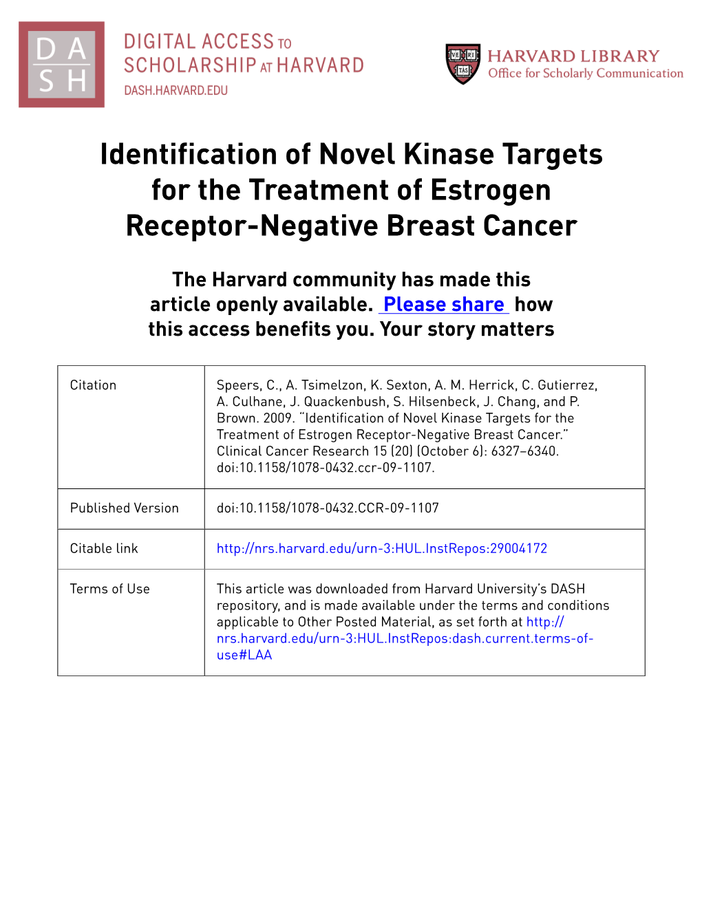Identification of Novel Kinase Targets for the Treatment of Estrogen Receptor-Negative Breast Cancer