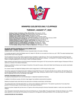 Winnipeg Goldeyes Daily Clippings Tuesday, August 4